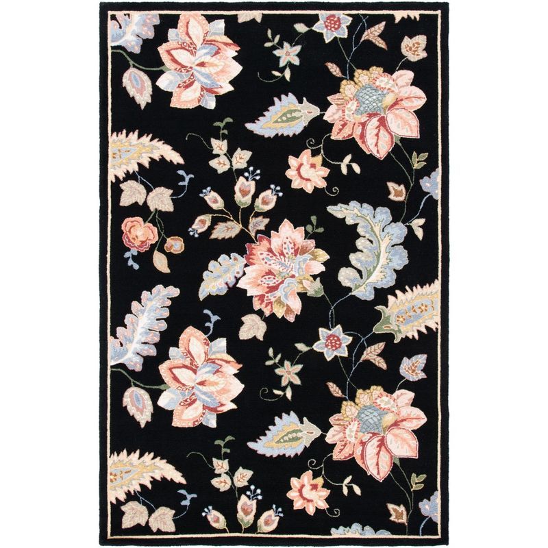 Reversible Hand-Knotted Floral Black Wool Area Rug, 6' x 9'
