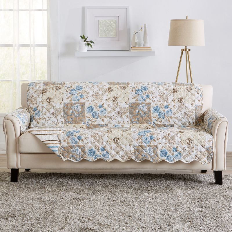 Taupe and Blue Reversible Floral Patchwork Sofa Protector