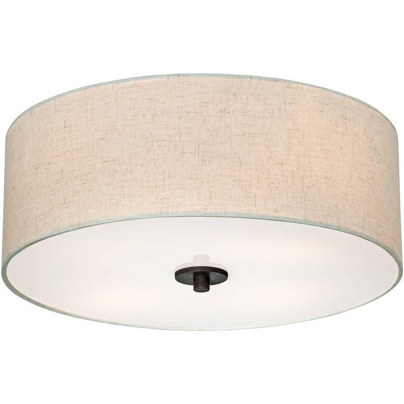 Bronze Flush Mount Ceiling Light with Oatmeal Drum Shade