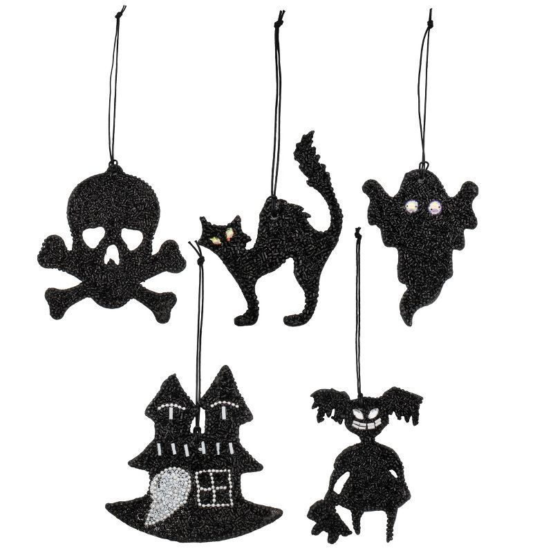 Black Beaded Reversible Halloween Ornaments Set of 5