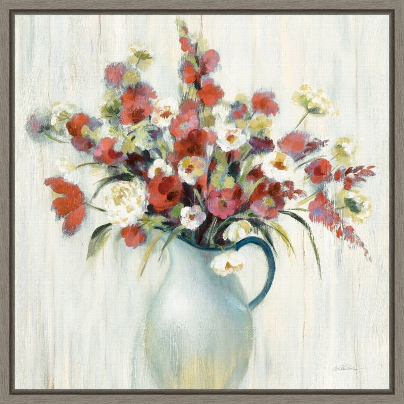 Red and White Floral Canvas Print in Gray Frame