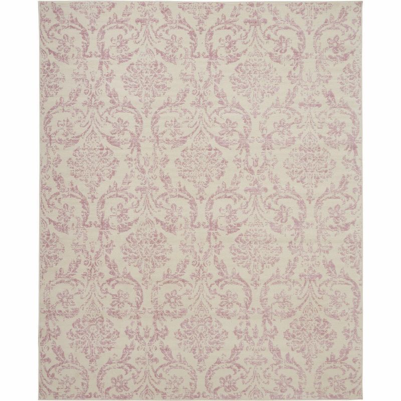Ivory and Pink Synthetic Damask 7' x 10' Area Rug