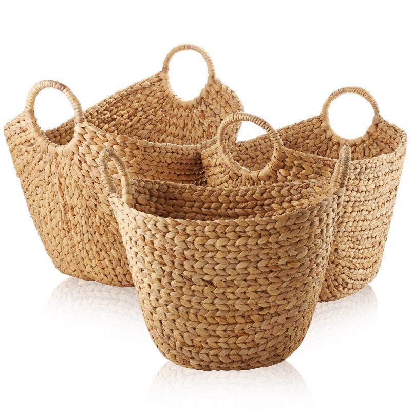 Natural Woven Water Hyacinth Oval Storage Baskets with Handles, Set of 3