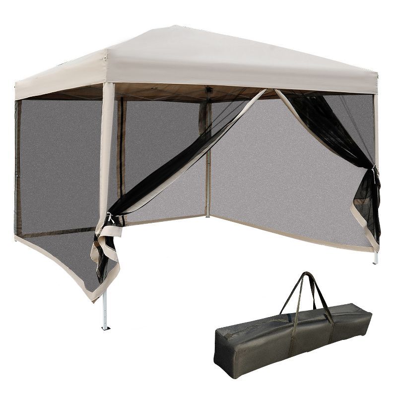 Beige 10' x 10' Pop-Up Canopy Tent with Mesh Sidewalls