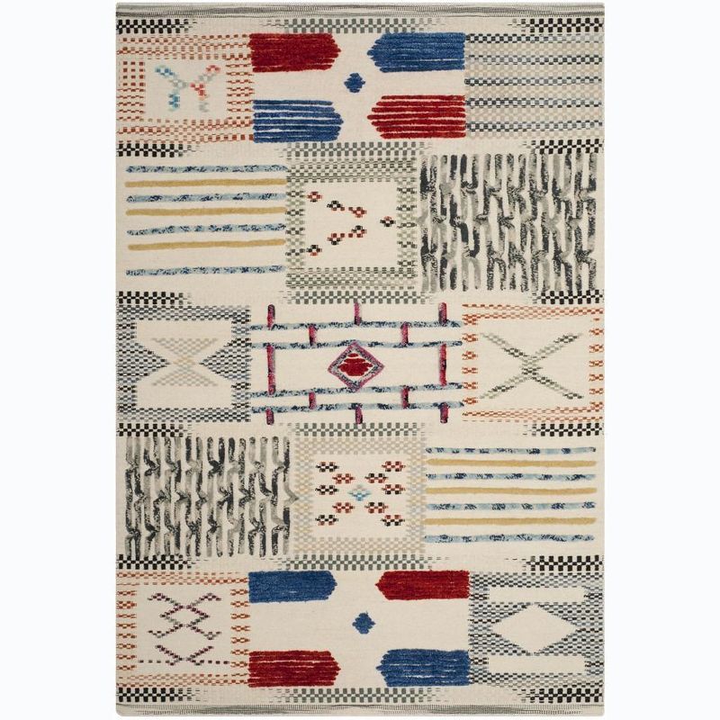 Ivory and Multicolor Flat Woven Wool Area Rug, 5' x 8'