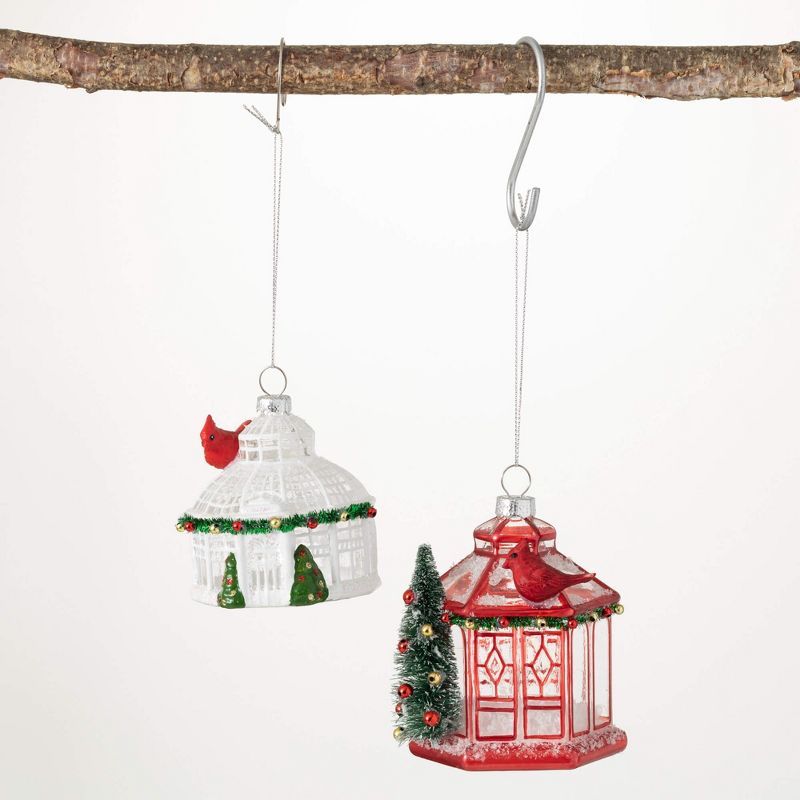 Festive Glass Birdhouse Ornaments with Red Cardinals, Set of 2