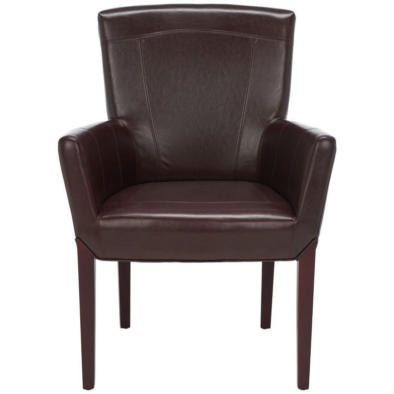 Transitional Ken Arm Chair in Brown Leather and Cherry Mahogany