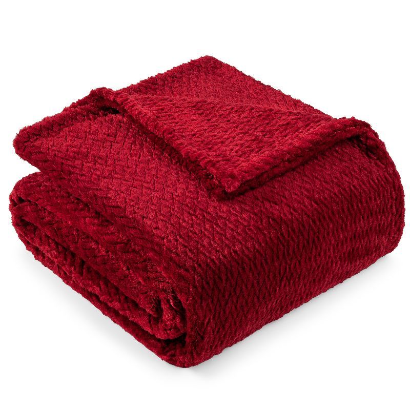 Wine Red Twin Fleece Throw Blanket with Chevron Pattern