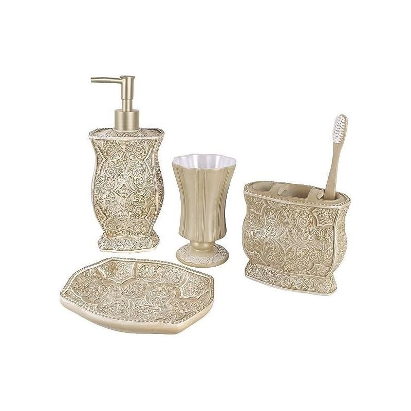 Beige Scroll Pattern Resin Bathroom Accessories Set