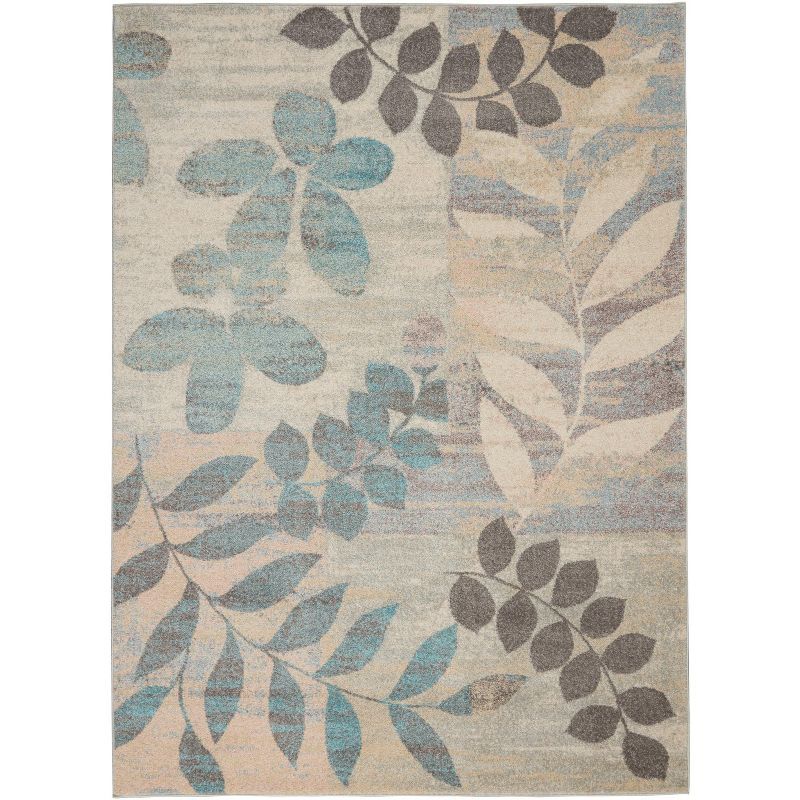 Ivory and Light Blue Floral Synthetic 4' x 6' Rug