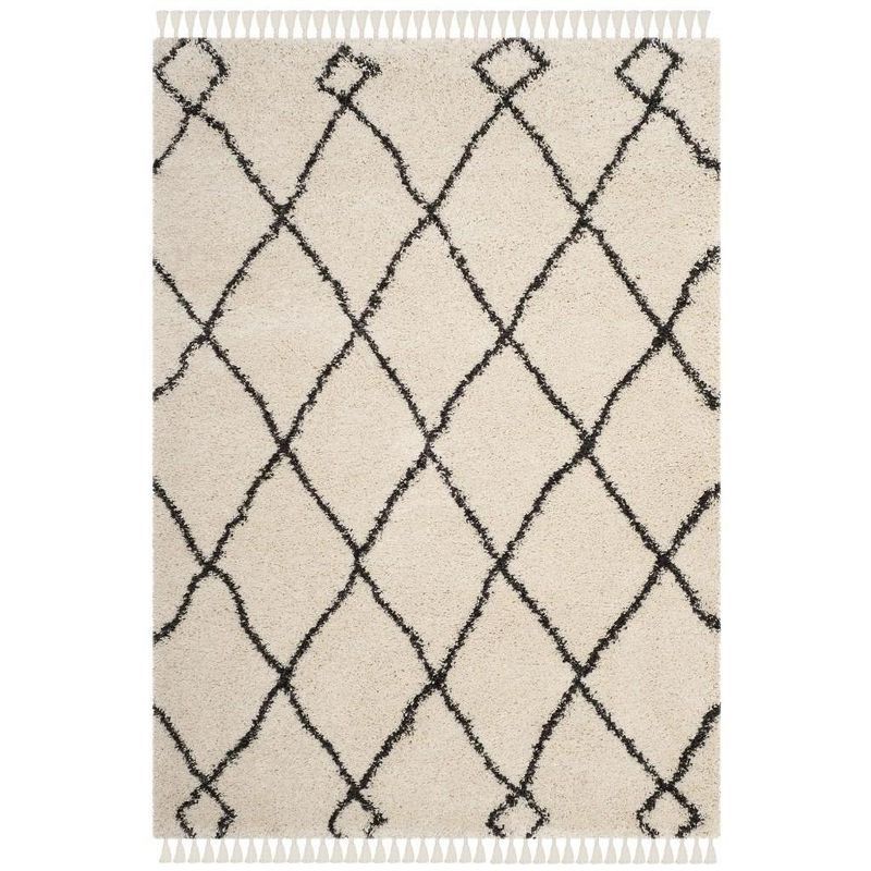 Cream and Charcoal Geometric Shag Area Rug with Fringe