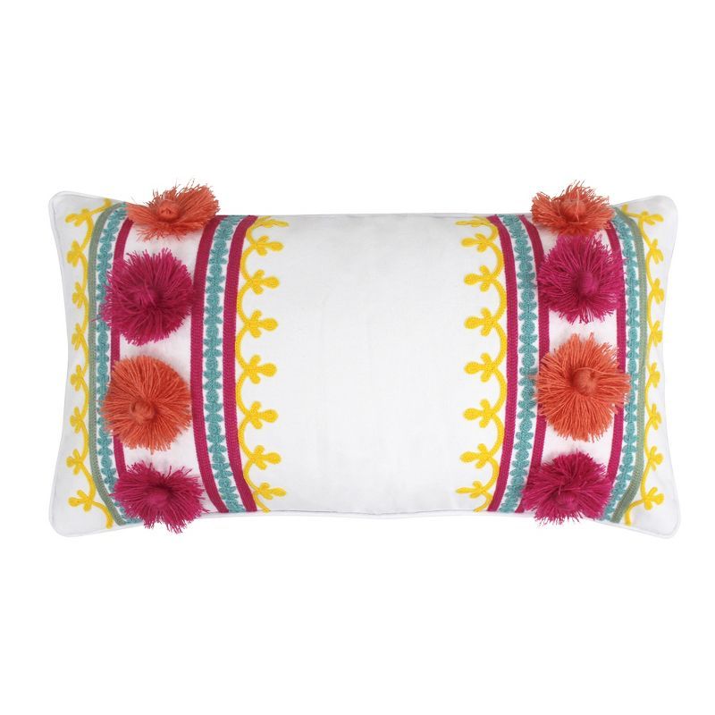 Multicolor Embroidered Rectangular Feather Throw Pillow with Tassels