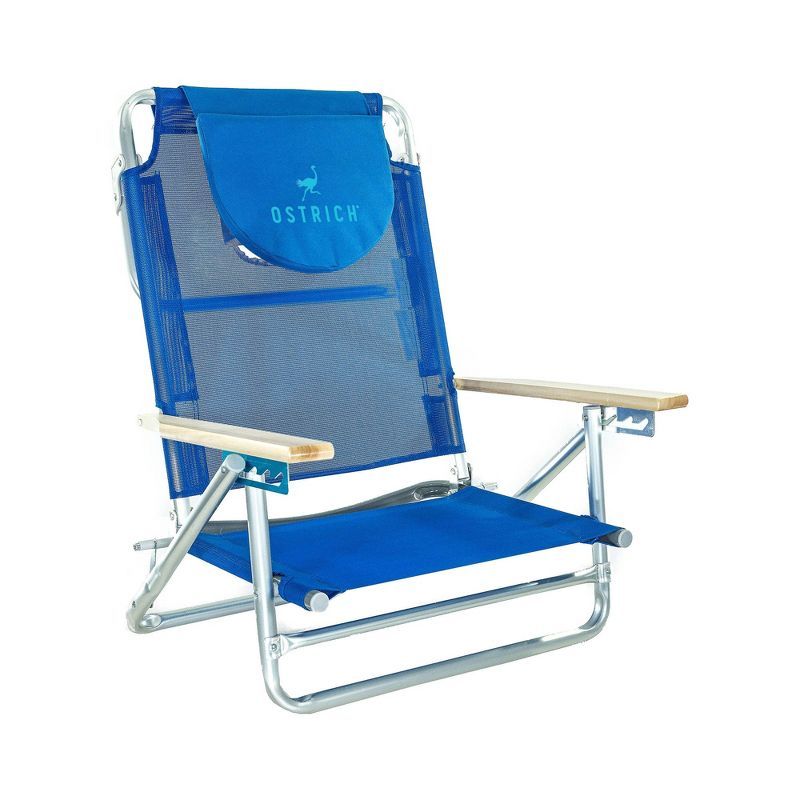 Blue Aluminum 5-Position Beach Chair with Wooden Armrests