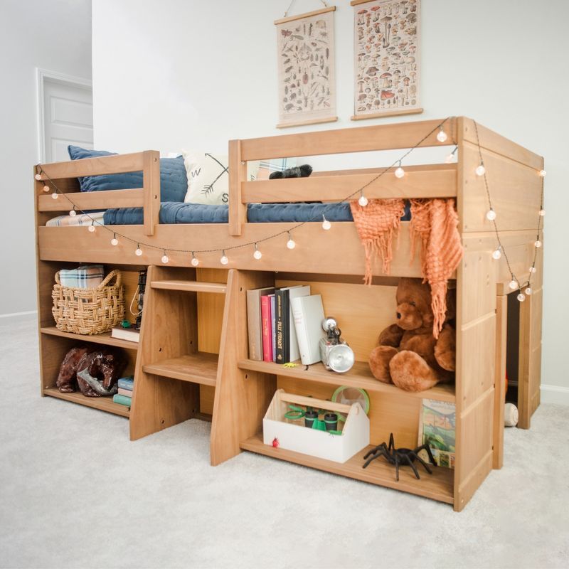 Max & Lily Loft Bed Twin Size, Solid Wood Low Loft Bed with 2 Bookcases and Ladder, Modern Farmhouse Loft Bed for Kids