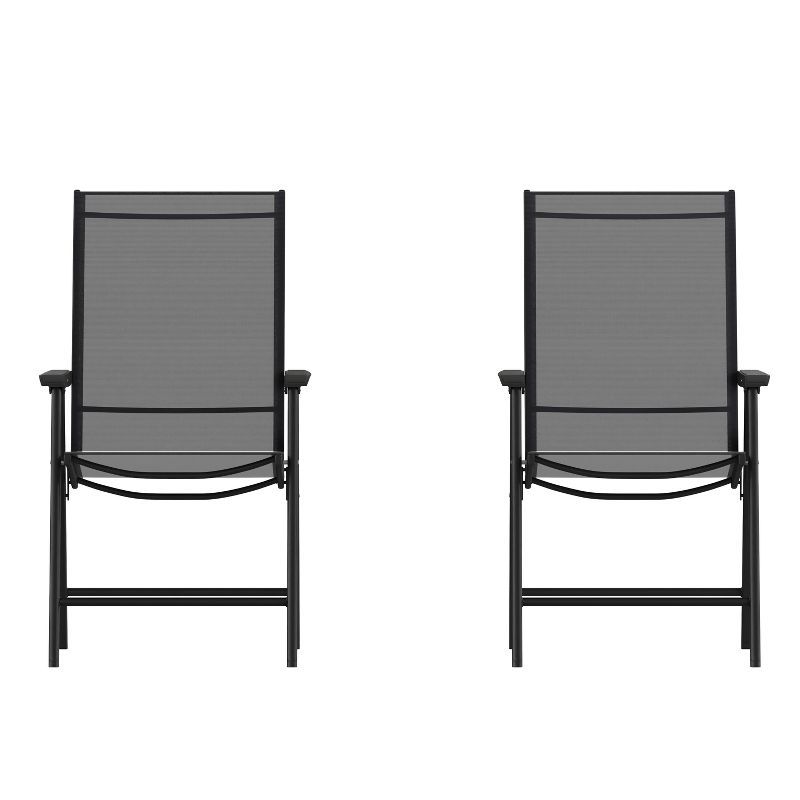 Black Metal Outdoor Folding Sling Dining Chairs, Set of 2