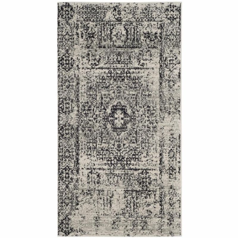 Ivory and Black High Pile Synthetic Area Rug