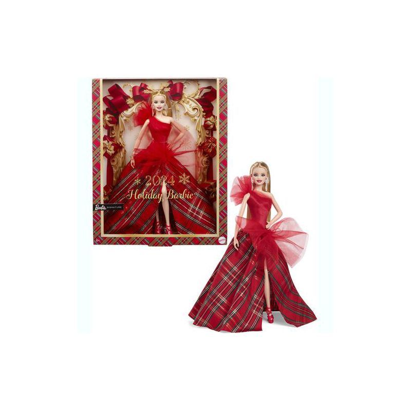 2024 Holiday Barbie Doll with Blonde Hair and Plaid Gown