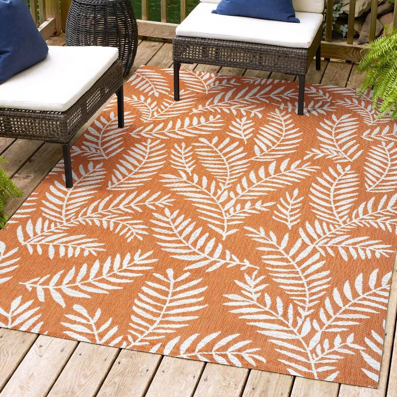 Tropical Palm Frond Orange/Cream 3' x 5' Easy-Care Indoor/Outdoor Rug