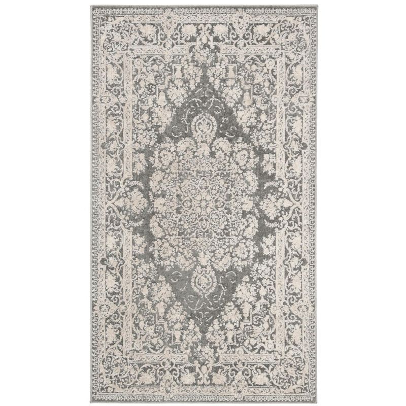 Elegant Reflection Dark Grey & Cream Floral 4' x 6' Synthetic Rug