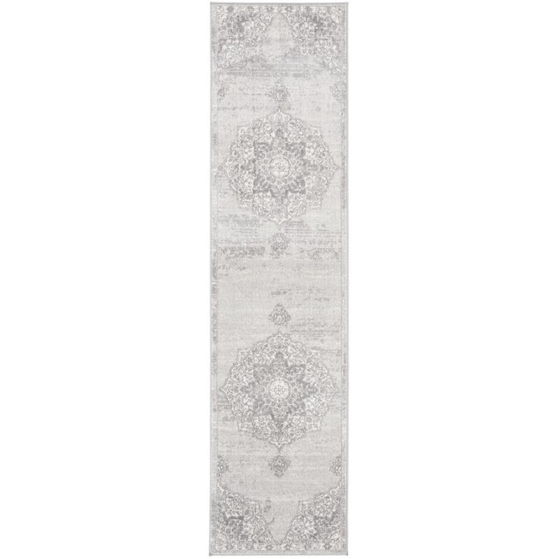 Grey and Ivory Synthetic Stain-Resistant Runner Rug, 2' x 6'