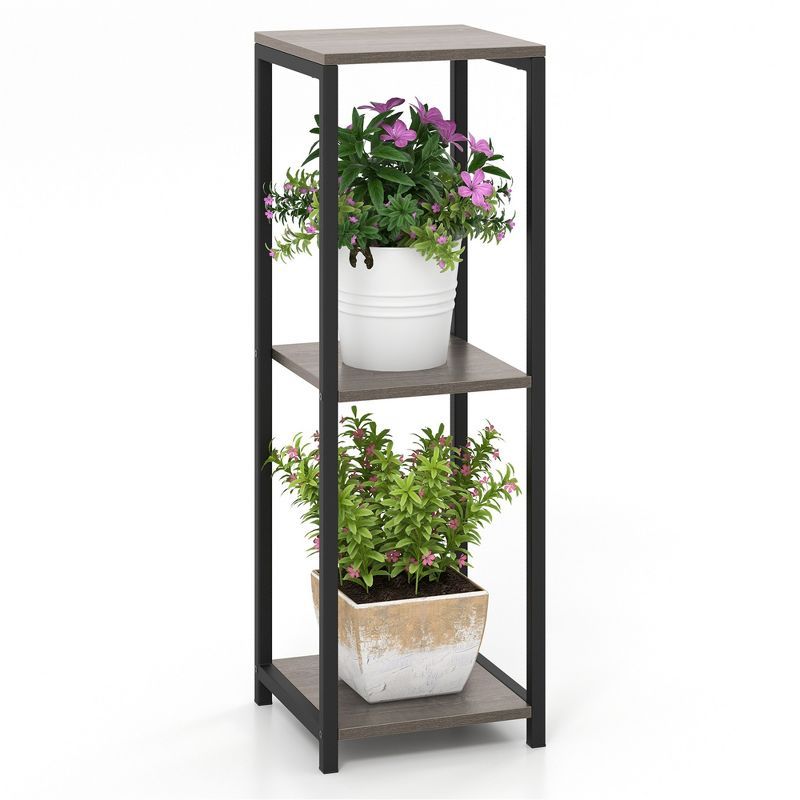 Tall Black and Gray Metal 3-Tier Corner Plant Stand