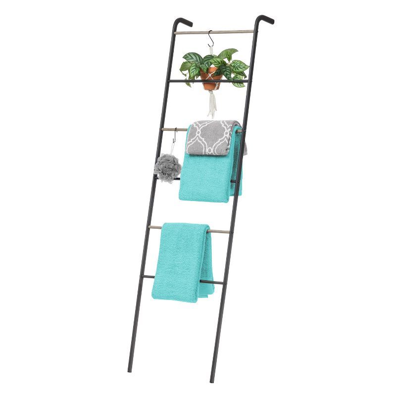 Black Metal and Wood Ladder Style Garment Rack