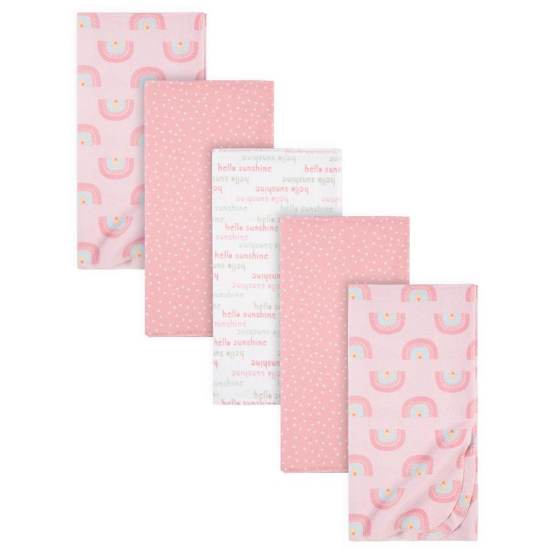 Pink Rainbow and White Cotton Flannel Baby Receiving Blankets, 5-Pack