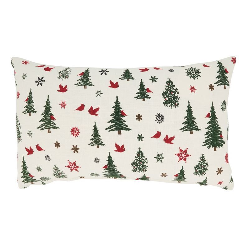 Ivory Christmas Trees and Cardinals Cotton Throw Pillow