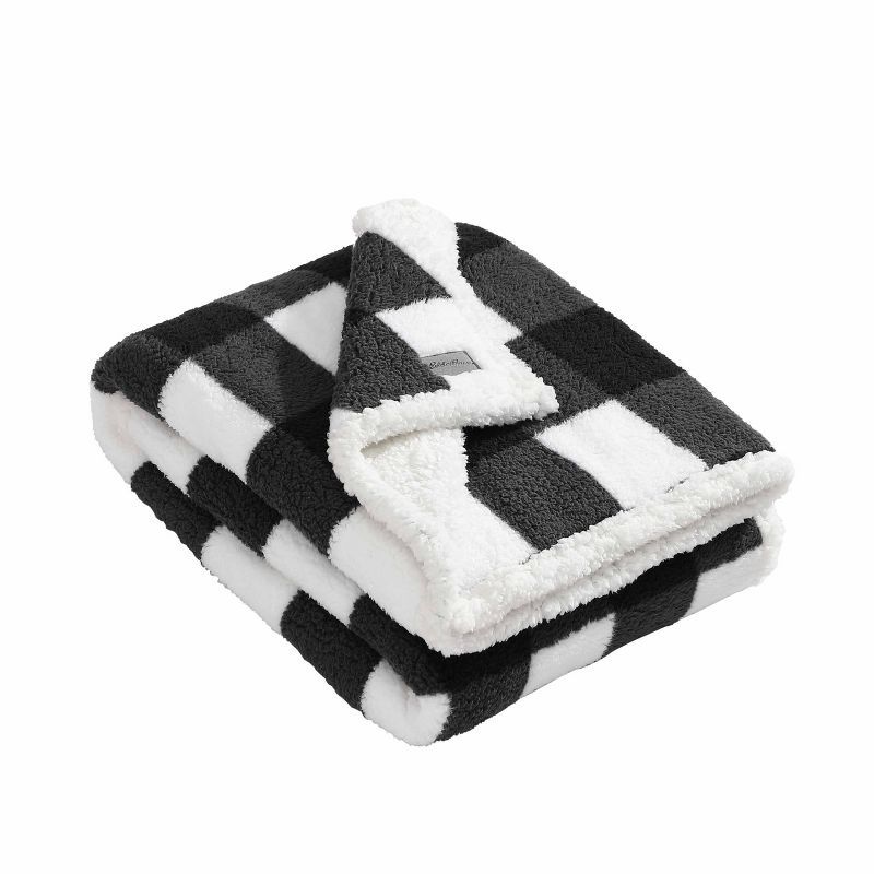 Black and White Plaid Reversible Sherpa Fleece Throw Blanket