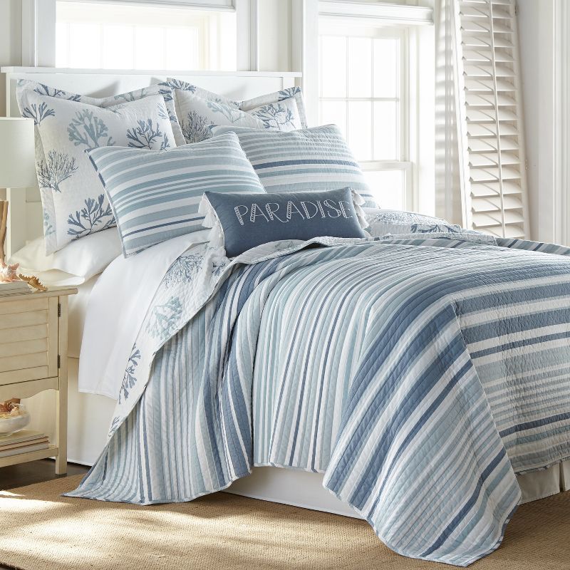 Blue and White Cotton Twin Reversible Quilt Set