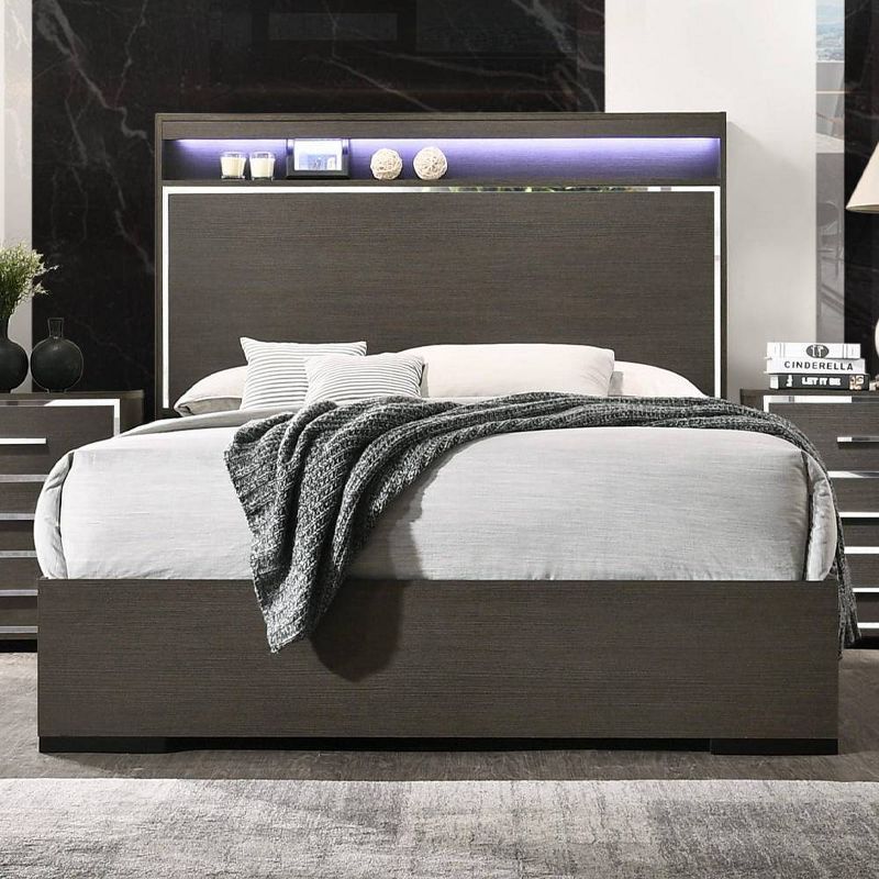 Queen Gray Oak Upholstered Bed with LED Headboard