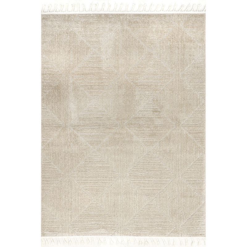 Beige Geometric 4' x 6' Synthetic Area Rug with Tassels