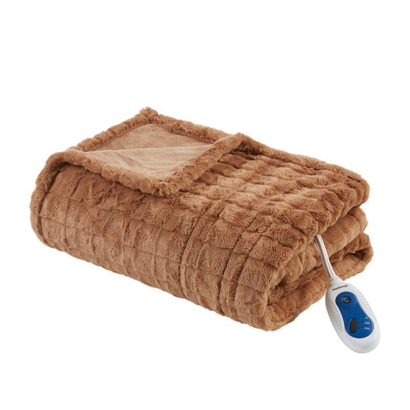 Oversized Brown Faux Fur Heated Throw with Down Alternative