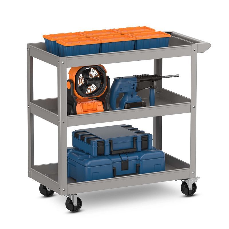 Gray 3-Tier Metal Utility Cart with Lockable Wheels