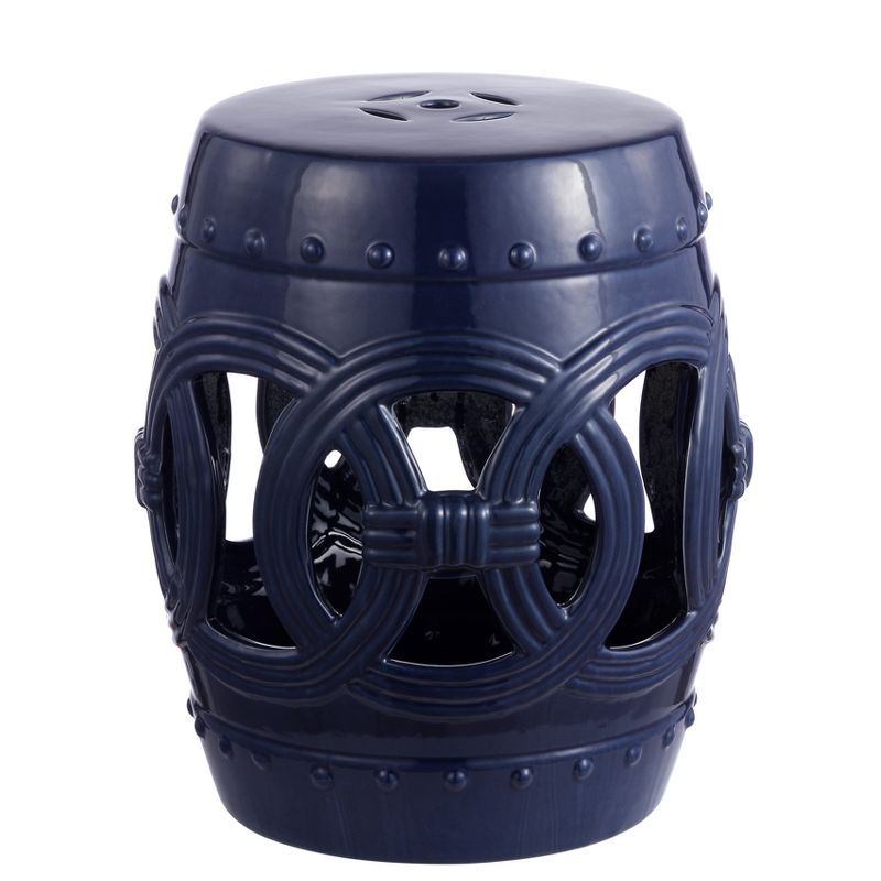 Navy Blue Ceramic Drum Garden Stool with Lucky Coin Design