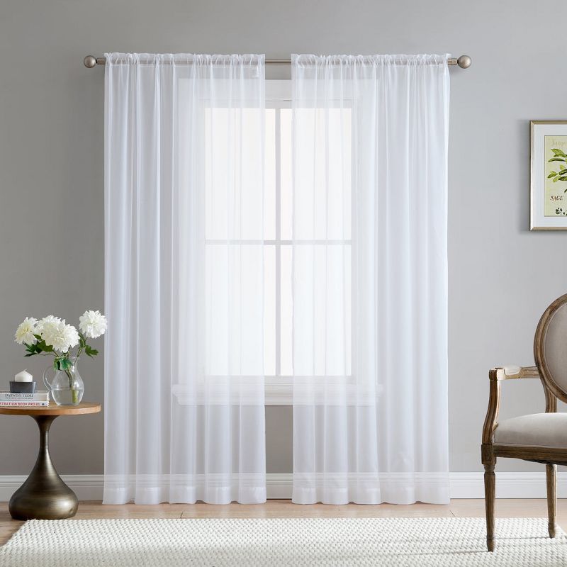 White Sheer Polyester Rod Pocket Window Curtain Panels, 54" x 90"