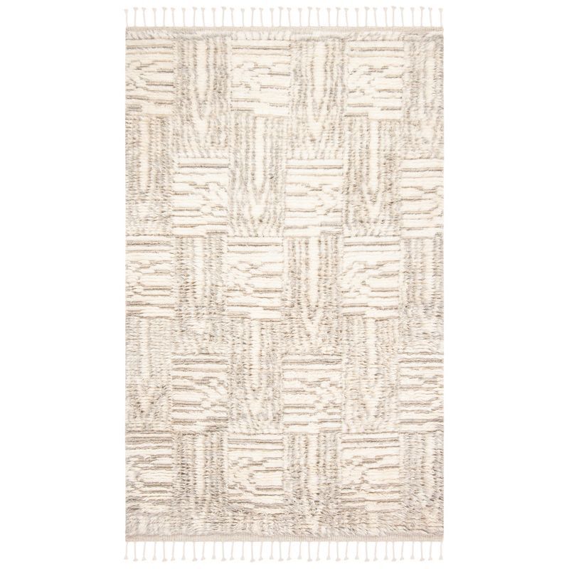 Ivory and Grey Hand-Knotted Wool Shag Rug, 4' x 6'