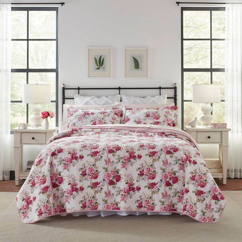 King Size Pink Cotton Reversible Floral Quilt Set