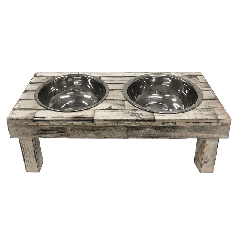 Large White Wash Reclaimed Wood Elevated Double Bowl Feeder