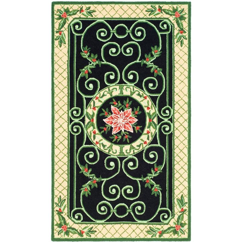 Ivory and Green Hand-Knotted Floral Wool Area Rug