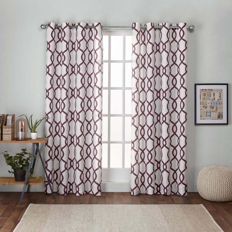 Burgundy and White Geometric Linen Blend Grommet Curtain Panels, 54"x96"