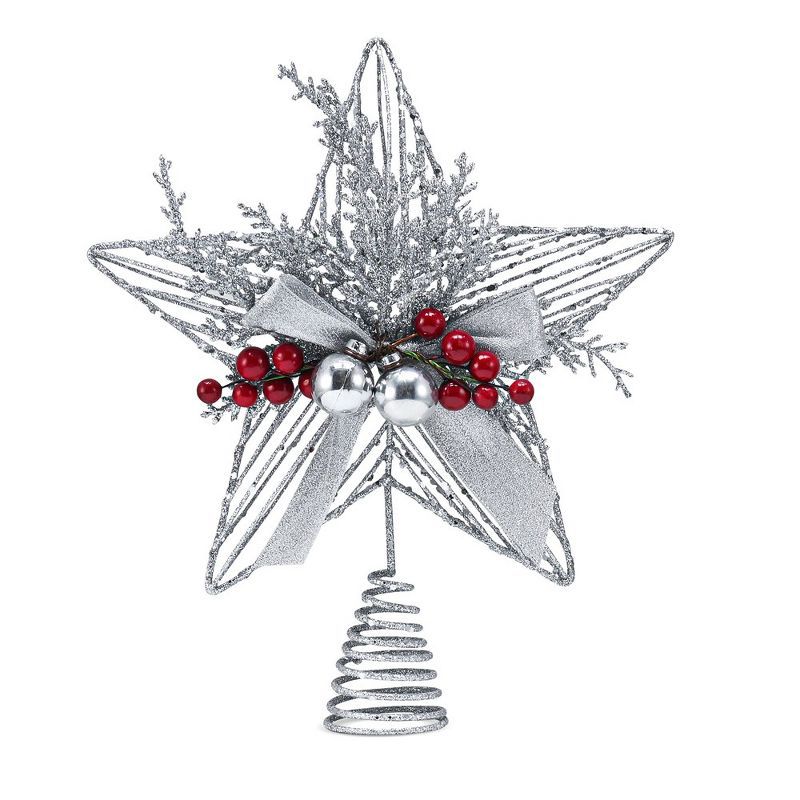 Silver Glitter Metal Star Tree Topper with Red Berries