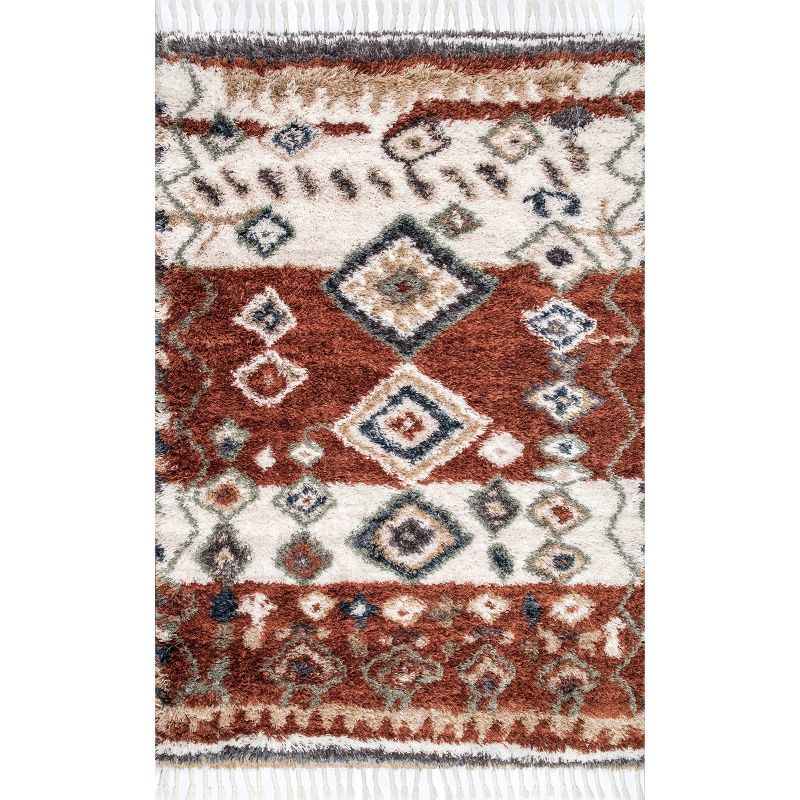 Reversible Southwestern Geometric Shag Rug in Red 4' x 6'