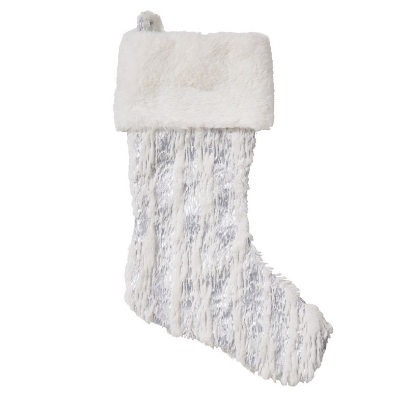 Silver and White Faux Fur Christmas Stocking with Metallic Print