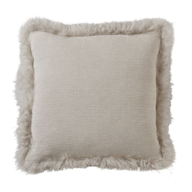 Gray Linen Throw Pillow with Plush Lamb Fur Border