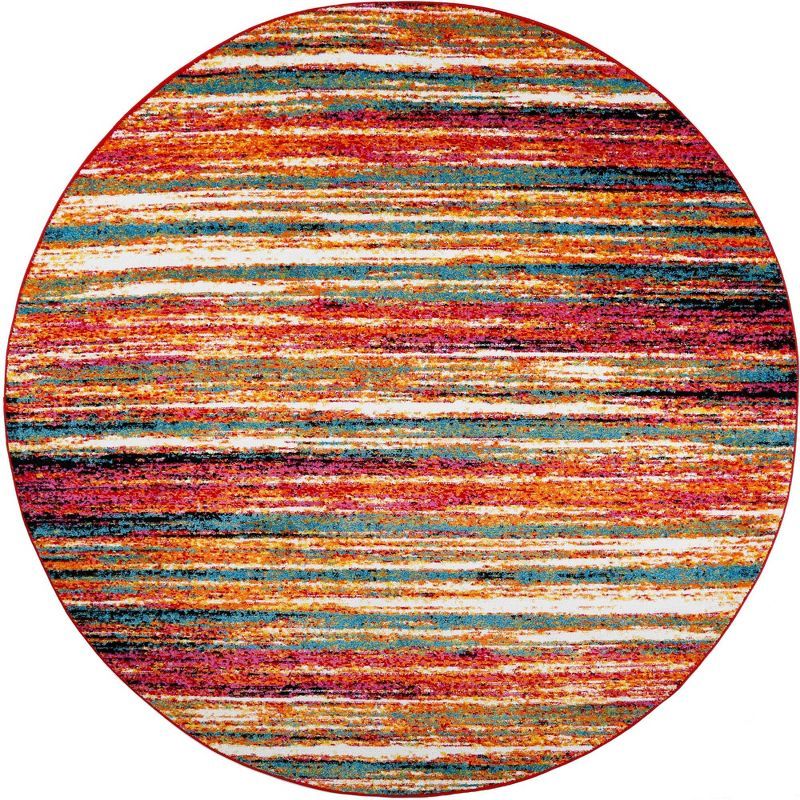 Vibrant Abstract Striped Round Synthetic Area Rug