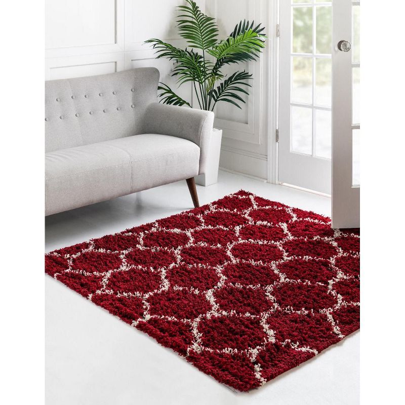 Burgundy Red Square Trellis Shag Synthetic Area Rug