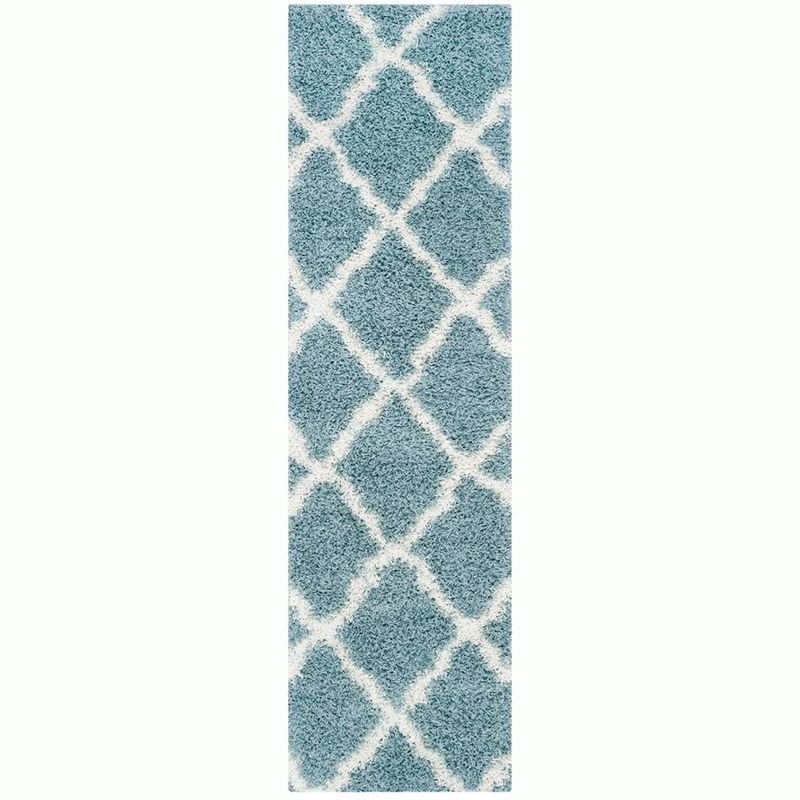 Seafoam and Ivory Hand-knotted Shag Runner Rug