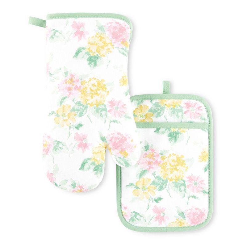 Pink and Yellow Floral Cotton Oven Mitt and Pot Holder Set