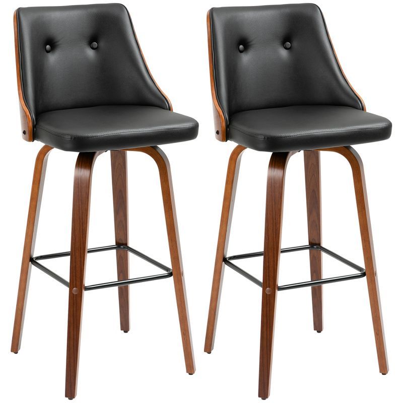 Black Leather Swivel Bar Stools with Wood Legs, Set of 2